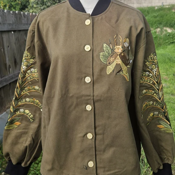 Embroidered Olive Bomber Jacket - Picture 1 of 12